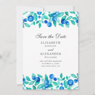 Watercolor blueberries. Blue and mint wedding Save The Date