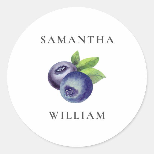 watercolor blueberries blue botanical wedding classic round sticker (Front)
