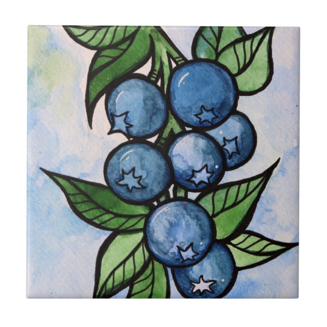 Watercolor Blueberries Ceramic Tile (Front)