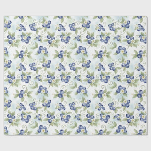 Watercolor Blueberries, Leaves, Blueberry Flowers Wrapping Paper