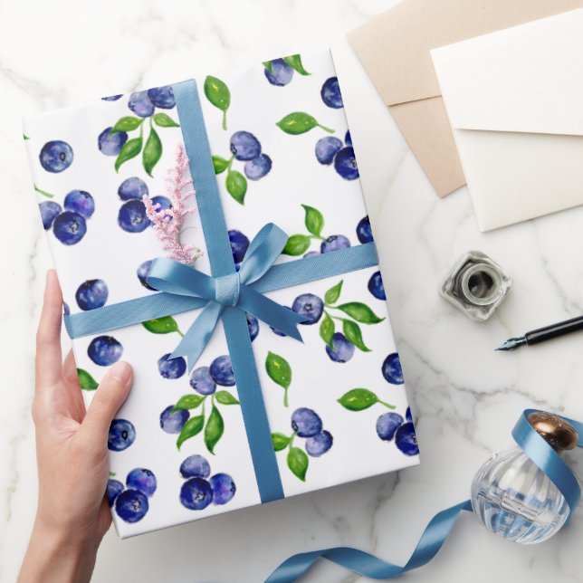 Watercolor Blueberries Pattern Cute Berries Wrapping Paper (Gifting)