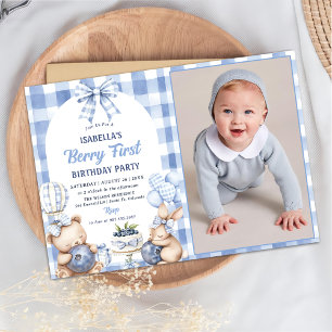 Watercolor Blueberry 1st Birthday Party Photo  Invitation