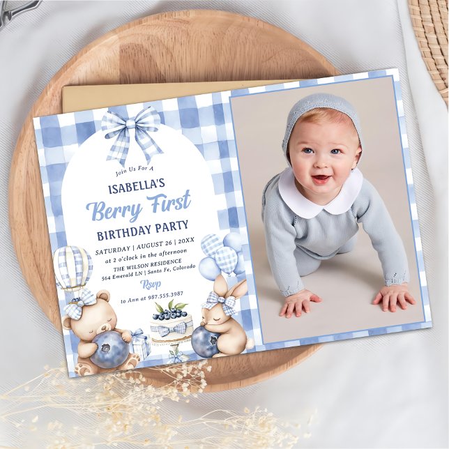 Watercolor Blueberry 1st Birthday Party Photo  Invitation (Creator Uploaded)