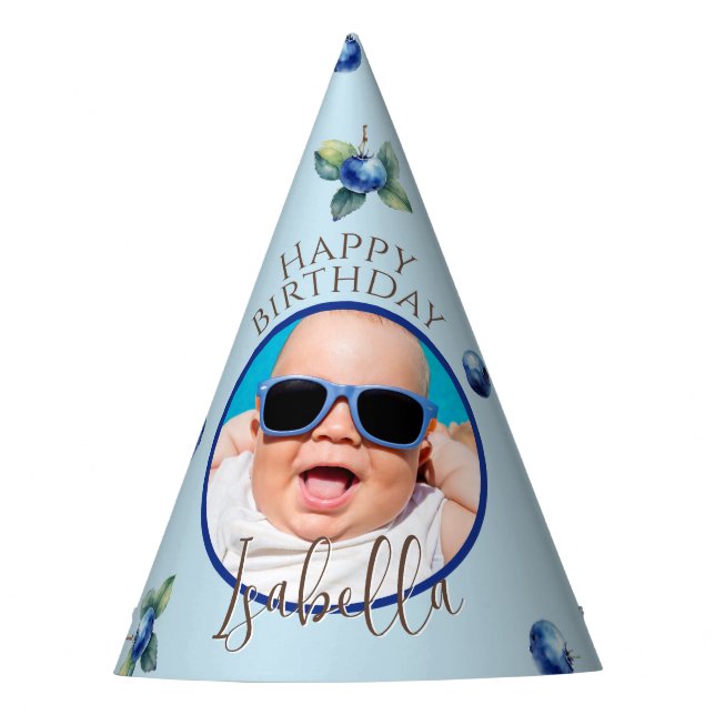 Watercolor Blueberry Berry Sweet Birthday Photo Party Hat (Front)
