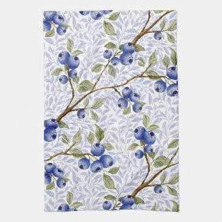 Watercolor Blueberry Botanical in Blue Green White Tea Towel