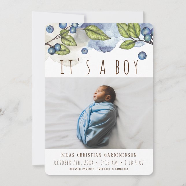 Watercolor Blueberry Boy Announcement (Front)