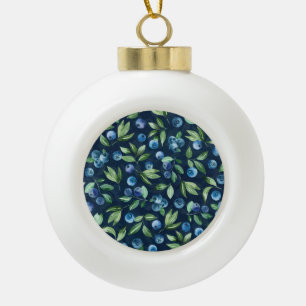 Watercolor Blueberry Dark Background Pattern Ceramic Ball Christmas Ornament