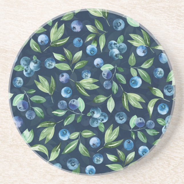 Watercolor Blueberry Dark Background Pattern Coaster (Front)