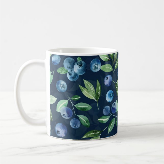 Watercolor Blueberry Dark Background Pattern Coffee Mug (Left)