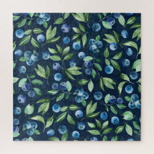 Watercolor Blueberry Dark Background Pattern Jigsaw Puzzle