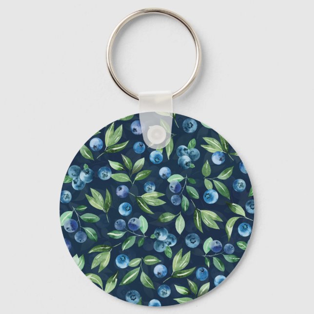 Watercolor Blueberry Dark Background Pattern Key Ring (Front)