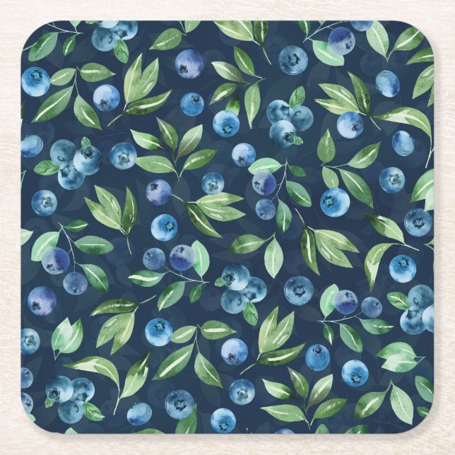 Watercolor Blueberry Dark Background Pattern Square Paper Coaster (Front)
