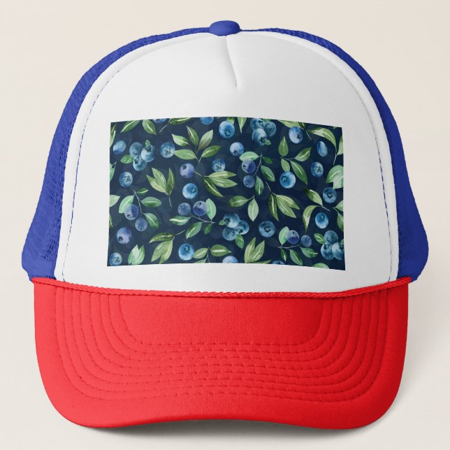 Watercolor Blueberry Dark Background Pattern Trucker Hat (Front)