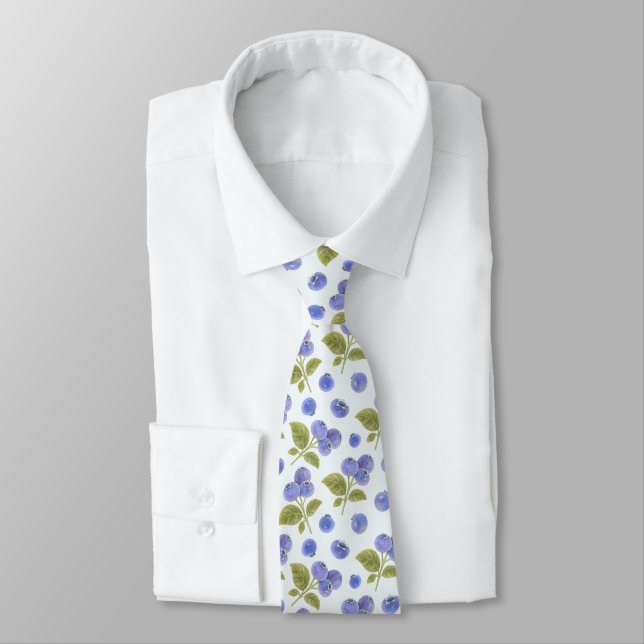 Watercolor Blueberry Fruit with Leaves Light Blue Tie (Tied)