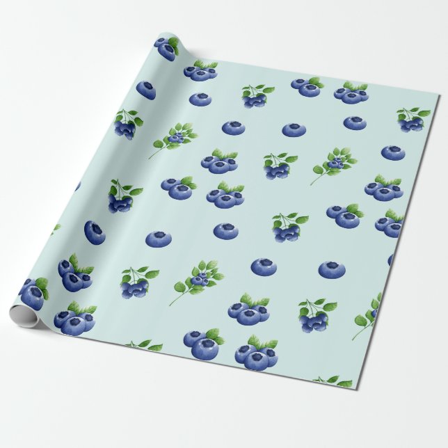 Watercolor Blueberry Fruit  Wrapping Paper (Unrolled)