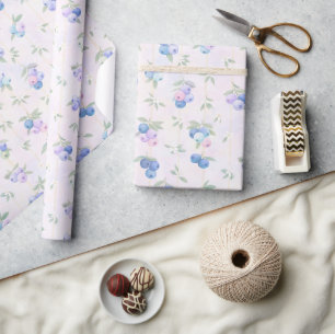 Watercolor blueberry pattern with leaves on pastel wrapping paper