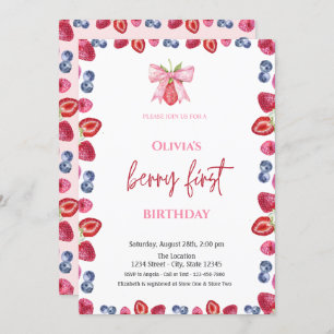 Watercolor Blueberry Strawberry 1st Birthday Invitation