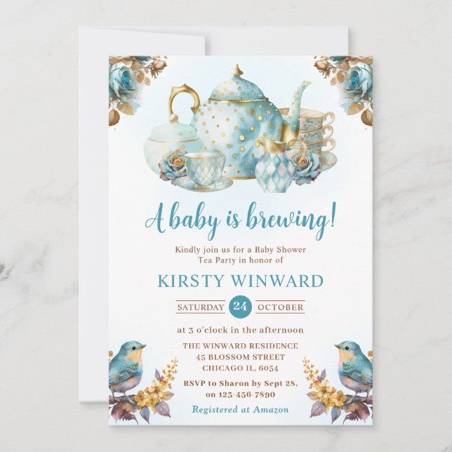 Watercolor Blueberry Tea Party Baby Shower Invitation (Front)