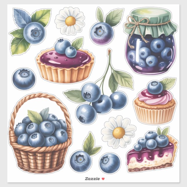 Watercolor Blueberry Treats Sticker Pack Isolated  (Sheet)