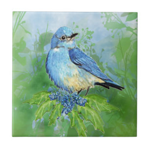 Watercolor Bluebird and Oregon Grape Garden  Bird Tile