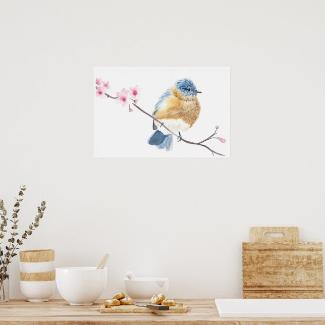 Watercolor bluebird on a cherry blossom branch  poster (Kitchen)