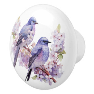 Watercolor Bluebirds and Cherry Blossoms Ceramic Knob