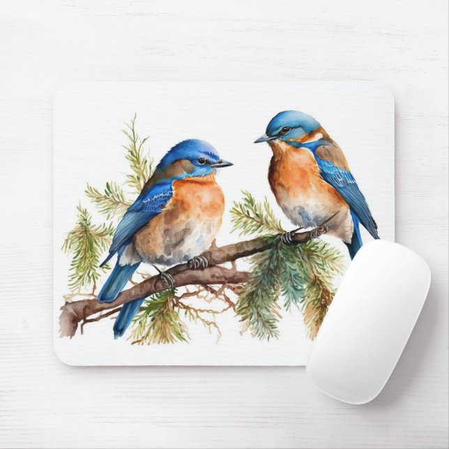 Watercolor Bluebirds Mouse Pad (With Mouse)
