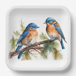 Watercolor Bluebirds on Pine Paper Plate