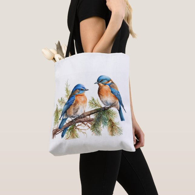 Watercolor Bluebirds on Pine Tote Bag (Close Up)