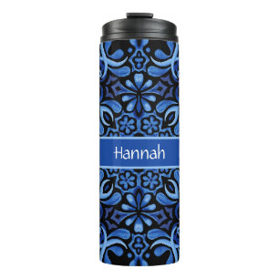 Watercolor Blues Mediterranean Tile Design  Thermal Tumbler