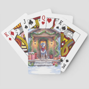Watercolor Bluetick Coonhound Cabin Porch Christma Playing Cards
