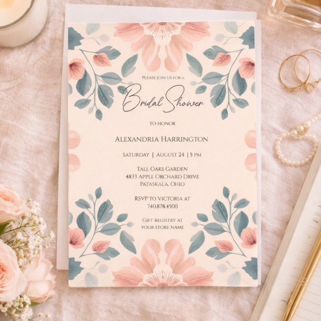 Watercolor Blush and Green Floral Bridal Shower  Invitation (Creator Uploaded)