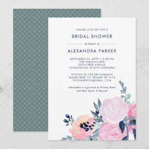 Watercolor Blush and Navy Floral Bridal Shower Invitation