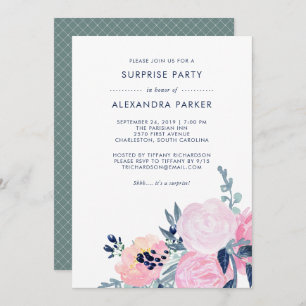 Watercolor Blush and Navy Floral Surprise Party Invitation
