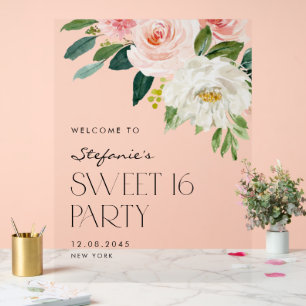 Watercolor Blush and White Floral Garden Sweet 16 Acrylic Sign