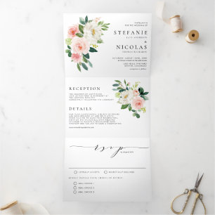 Watercolor Blush and White Flowers Spring Wedding Tri-Fold Invitation