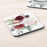 Watercolor Blush and Wine Floral Newlyweds