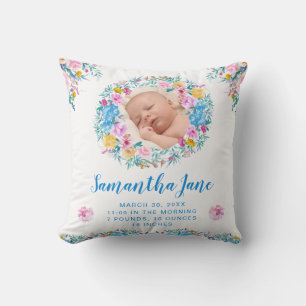 Watercolor Blush & Blue Flowers Baby Photo Cushion