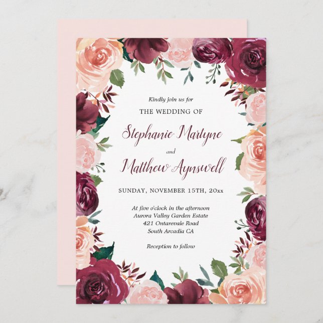 Watercolor Blush Burgundy Rose Border Wedding Invitation (Front/Back)