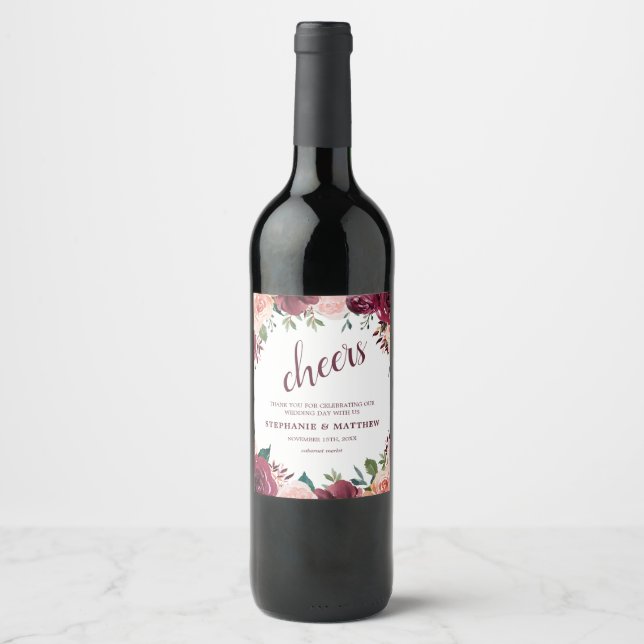 Watercolor Blush Burgundy Roses Floral Wedding Wine Label (Front)