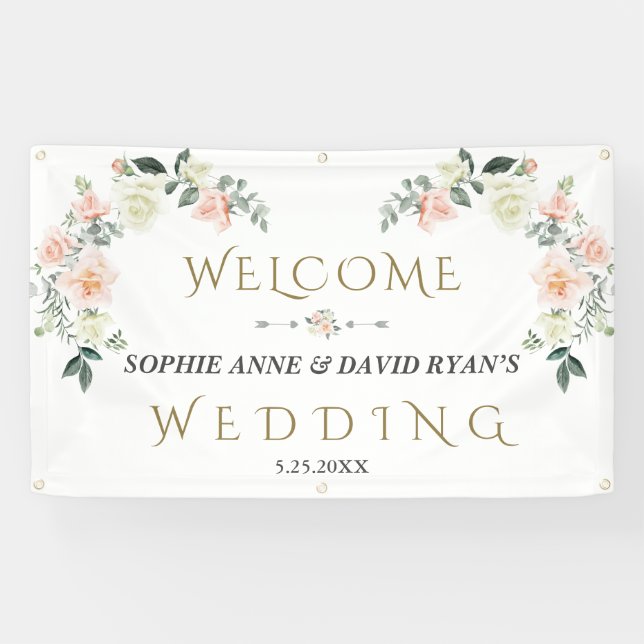 Watercolor Blush Cream Floral Wedding Welcome Sign (Horizontal)