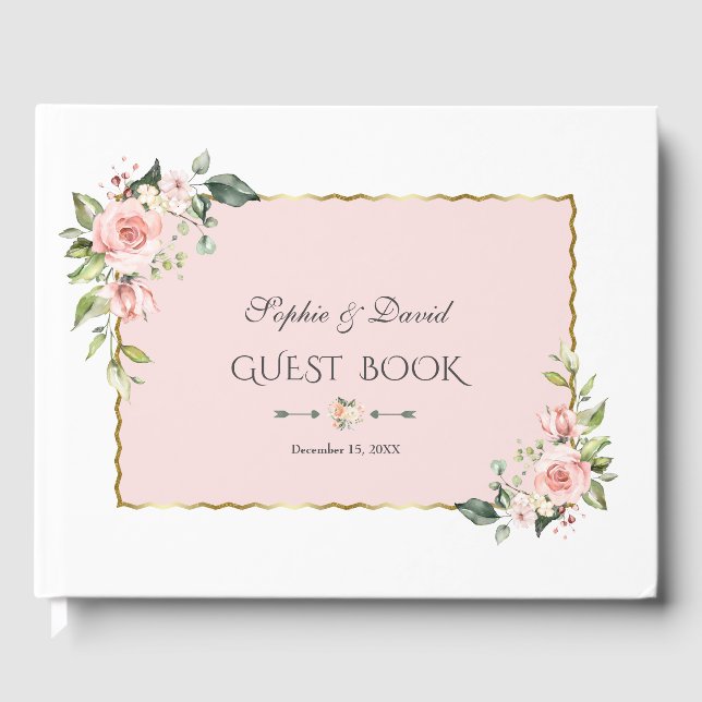 Watercolor Blush Cream Flowers Pink Frame Wedding Guest Book (Front)