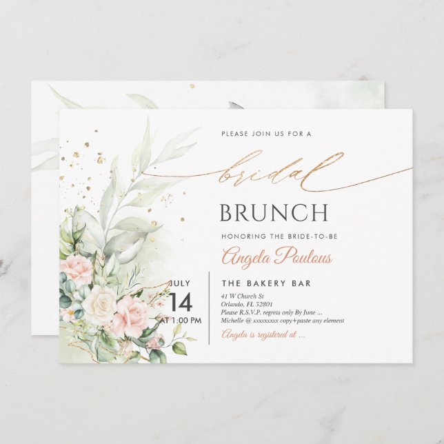 Watercolor Blush Cream Roses Bridal Brunch Invitation (Front/Back)