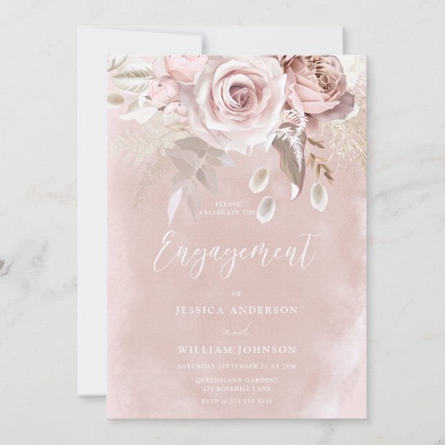 Watercolor Blush & Dusty Rose Engagement Party Invitation (Front)