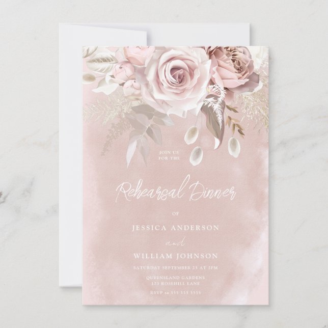 Watercolor Blush & Dusty Rose Rehearsal Dinner Invitation (Front)