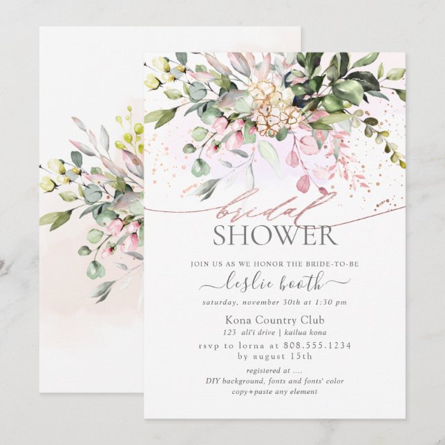Watercolor Blush Eucalyptus Bridal Shower Invitation (Front/Back)