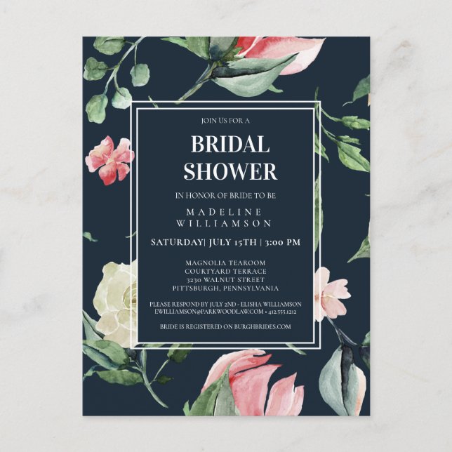 WATERCOLOR  BLUSH  FLORAL BRIDAL SHOWER INVITE POSTCARD (Front)