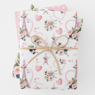 Watercolor Blush Floral Eiffel Tower Pattern Wrapping Paper Sheet
