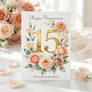 Watercolor Blush Floral Gold 15th Anniversary Card