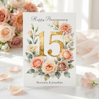 Watercolor Blush Floral Gold 15th Anniversary Card